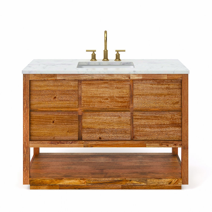 Tessa 48 In. Mango Wood Carrara White Marble Countertop Bath Vanity with Satin Gold Faucet ...